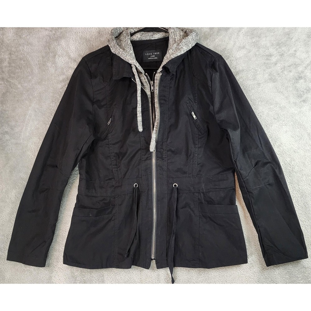 Love Tree Jacket Womens Large‎ Black Hooded Anorak Pockets Drawstring Waist